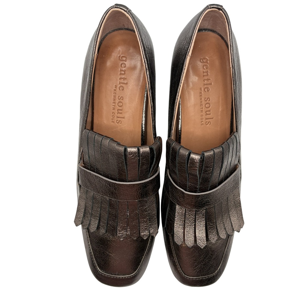 Gentle Souls Kenneth Cole Ethan Metallic Pewter Leather Kiltie Block Heel Loafer
